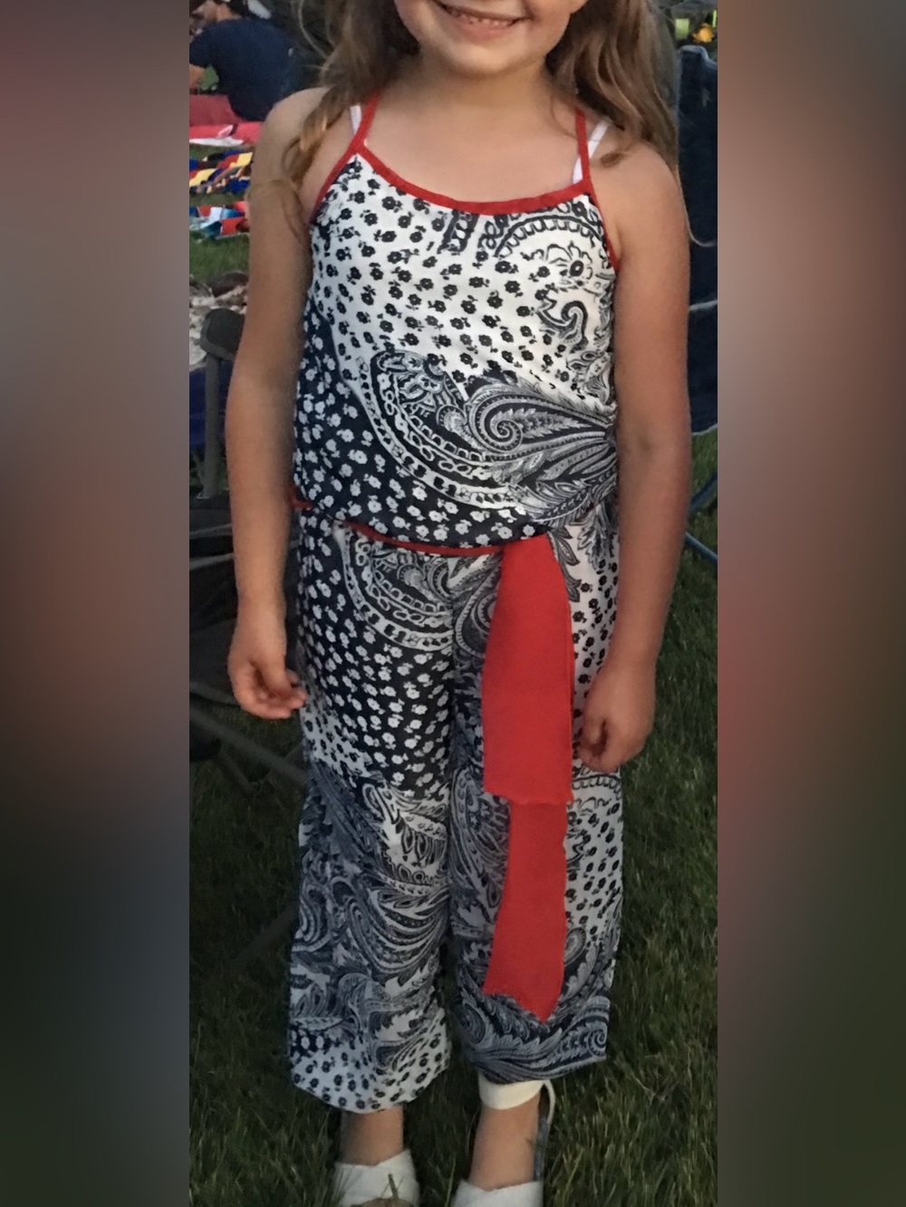 Girls 6- 6x Navy & White Paisley One-Piece Bodysuit with Red Accents
